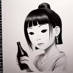 a girl with a haircut holds a bottle