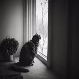 the cat is looking out of the window