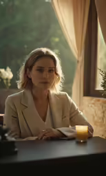 a woman in a suit sitting at a table with a lit candle