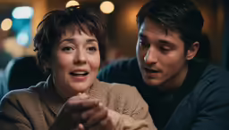 a man and woman smile and look at something