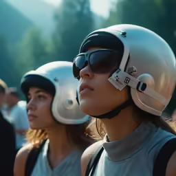 several women wearing helmets on their heads