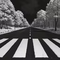 black and white photograph of a road with snow in winter