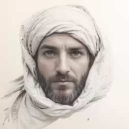 a man with a white scarf over his head