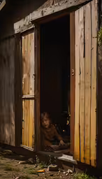 the young person is looking out the open door,a girl sitting outside a wooden shack while looking out