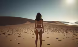 a beautiful young woman standing on top of a sandy beach