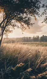 the sun rises over a grassy field with tall grass