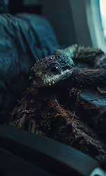 a very close up of a lizard sitting on a bed