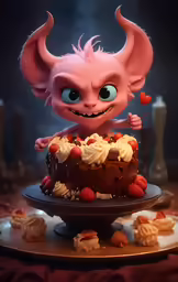 an adorable little troll sitting next to a cake on a plate