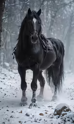 a black horse walking on top of a snow covered ground