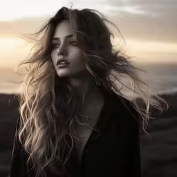 a woman is standing in the outdoors on a hill,a woman with long hair walking towards the camera