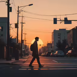 a man walking across a cross walk in front of the sun