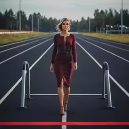 the woman in the dress is standing next to the metal railing