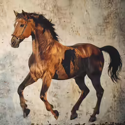 a single brown horse in motion against a concrete wall
