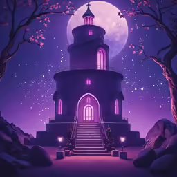 stairs leading to a tower at night with the moon in background