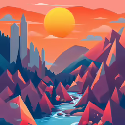 a painting of a river and mountains with the sun in the background
