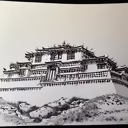 a picture of an old building and hills