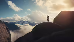 a man stands on top of a mountain while looking at the clouds