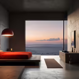 a red bed a grey table and a red bed