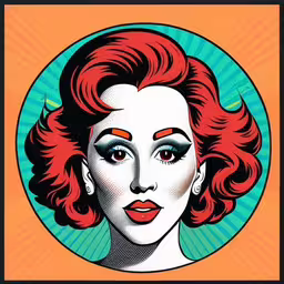 pop art shows an image of a woman with red hair and makeup,the painting is an image of a woman with red hair