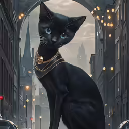 a black cat wearing a collar in front of traffic
