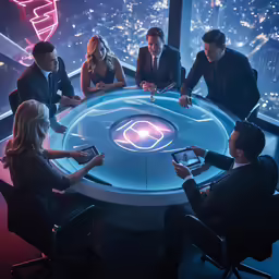 a group of people sitting around a table