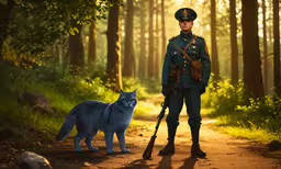 a military man and a cat standing on a trail,a woman in uniform stands next to a blue cat in the woods
