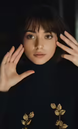 a woman holds her hands up in the air