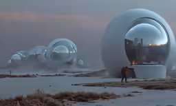 people walk through the desert area in front of an object