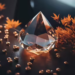 a diamond next to leaves on a table