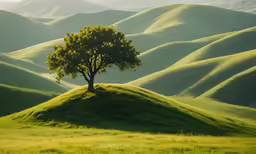 a lone tree stands in the middle of a rolling hill