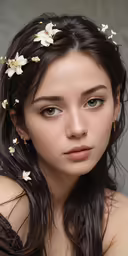 a young woman with long hair wearing flowered wreaths