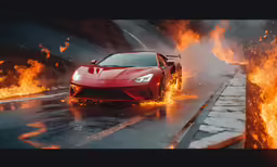 red car on fire in wet street with orange flames around