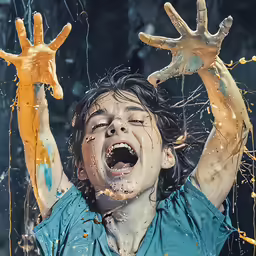 a boy who is making hand prints out of food