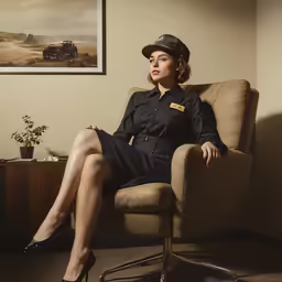the woman in black dress and baseball cap poses on the chair