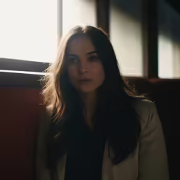a woman with long hair sitting in a chair