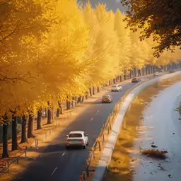 two cars driving down a road next to trees