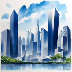 a painting of cityscapes with water, and trees