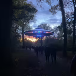 people walking through the woods with an illuminated umbrella,people walking on a trail with an illuminated structure in the background