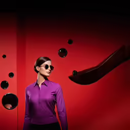 a woman in a purple shirt is standing by some fake objects