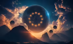 some mountains with some lights are floating in the sky