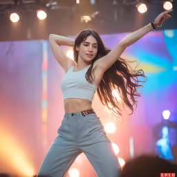 a woman is wearing a cropped top with high rise pants