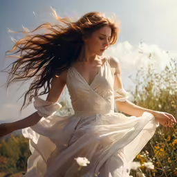 a woman flying through a meadow in a white dress