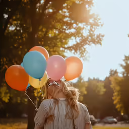 there is a girl holding several balloons in the park