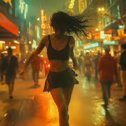 the woman is dancing in the rain with her hair blown up