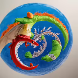 a person holds a fake lizard head in front of a frisbee