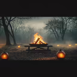 there is a fire in the forest by the bench