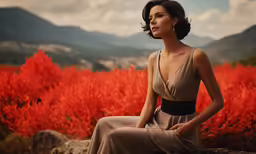 a woman with a dress that is sitting on a rock