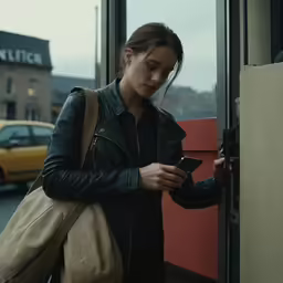 a woman is using a cell phone by the door