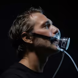 a man uses the oxygen from an oxygen tube