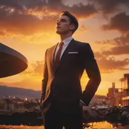 a man standing in a suit with a sunset behind him